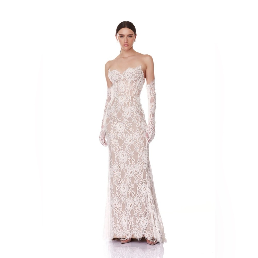 Bronx & Banco Kiera White Lace Strapless Gown with Gloves XS NWOT